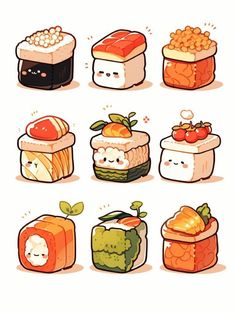 some sushi food with different kinds of sushi on top of each other, including rice