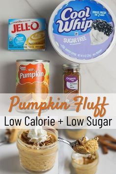 pumpkin fluff low calorie and low sugar in jars with text overlay