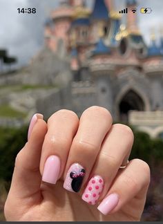 Kids Minnie Mouse Nails, Disney French Tip Nails Short, Short Mickey Mouse Nails, Minnie Mouse Nail Ideas, Disney Characters Nail Art, Minnie Mouse Nails Pink, Disney Nails For Kids, Disney Nails Pink, Disneyland Nails Designs