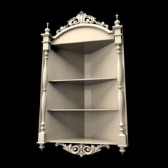 a white shelf with three shelves on each side and an ornate design at the top