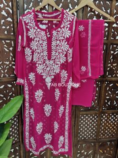 Description Material : Georgette Wash Care : Hand Washable Kurti Length : 44-46 Inches Sleeves : 3/4 Sleeves Package Contains : 1x Kurti With Dupatta and Inner Kurti With Dupatta, Chikankari Kurti, Rani Pink, Ethical Clothing Brands, Straight Kurta, Sleeve Packaging, Indian Embroidery, Georgette Fabric, Ethical Clothing