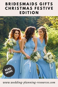 three bridesmaids in blue dresses with text overlay that reads diy bridal shower tips and ideas