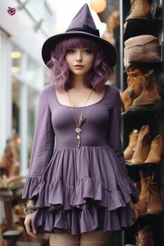 alternative female dressed in purple with dress outfit in pastel shades that has ruffles and soft pastel hair, wearing with hat and ready for halloween trick of treat party Dress Like A Witch Every Day, Witch Costume Ideas For Women, Homemade Witch Costume, Diy Witch Costume, Witch Costume Ideas, Costume Ideas Diy, Witch Costume Diy, Diy Witch