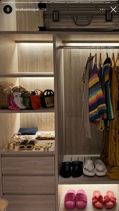 an open closet with shoes, sandals and other items on the shelves in front of it