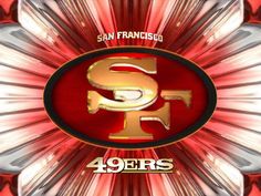 the san francisco football team logo on a red and white background with light rays around it