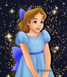 a cartoon girl in blue dress with stars behind her