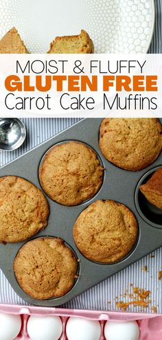 gluten free carrot muffins in a pan Gluten Free Muffins Easy, Gluten Free Muffins Healthy, Gluten Free Carrot Muffins, Gluten Free Carrot Cake Muffins, Gluten Free Carrot Cake Cupcakes, Gluten Free Dairy Free Muffins, Dairy Free Muffins, Gluten Free Snack, Gluten Free Easter