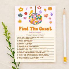 a printable find the guest game next to a pencil and plant on a table