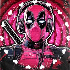 a deadpool character with headphones on and hearts around his neck, in front of a pink background