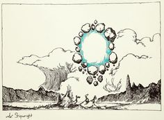 an ink drawing of a blue circle surrounded by clouds