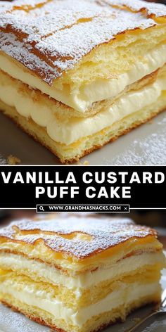 vanilla custard puff cake with powdered sugar on top