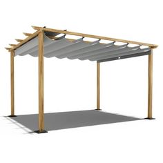 a wooden pergola with white sheets on it's sides and an open roof