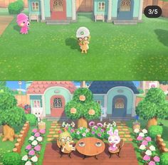 two screens showing the same scene in animal crossing, and one shows an outdoor area with flowers