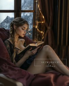 a woman sitting on a couch reading a book in front of a window with snow covered mountains behind her