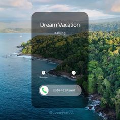 an aerial view of a tropical island with the words dream vacation calling on it's screen