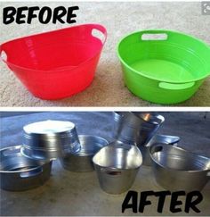 before and after pictures of plastic buckets with lids on the bottom one is green, the other is red