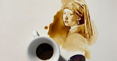 a cup of coffee next to a drawing of a girl with a pearl ear