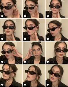 a collage of photos showing how to wear sunglasses with heart shaped frames and eyeliners