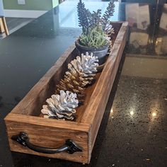 a wooden box filled with pine cones and succulents on top of a table