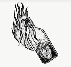 a drawing of a human heart in a bottle with fire coming out of the top