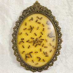 an ornate frame with bees in it on a white surface, surrounded by other things