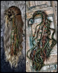 Long Hair Accessories Ideas, Pagan Hairstyles, Gypsycore Outfits, Colored Dreadlocks, Hippy Hair, Viking Dreads, Bardic Inspiration, Crystal Hair Jewelry, Viking Clothes