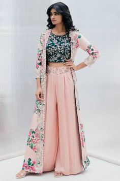 Buy Silk Printed Jacket Palazzo Set by Mrunalini Rao at Aza Fashions Summer Fashion Dresses Casual, Salwar Kamiz, Indian Gowns Dresses, Traditional Indian Outfits, Indian Gowns, Designer Party Wear Dresses, Stylish Party Dresses, Summer Fashion Dresses