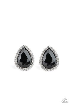 Encrusted in a ring of glittery white rhinestones, an overly dramatic black teardrop gem is pressed into a textured silver frame for a glamorous look. Earring attaches to a standard post fitting.

 Sold as one pair of post earrings. Black Earrings With Sparkling Stones For Party, Black Diamond Cut Earrings For Formal Occasions, Black Diamond Drop Earrings For Evening, Elegant Black Diamond Drop Earrings, Elegant Black Crystal Rhinestone Earrings, Paparazzi Accessories Jewelry, Black Stud Earrings, Black Gems, Black Stud