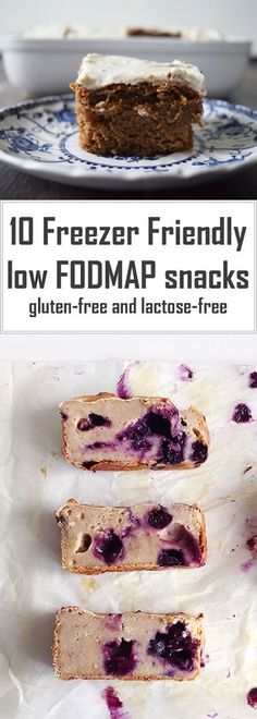 four different types of food on plates with the words 10 freezer friendly low fodmap snacks gluten - free and lactose - free