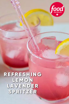 refreshing lemon lavender spritzer in glasses with straws and lemon slices on the rim