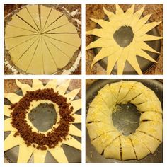 four pictures showing different stages of how to make a sunflower cake