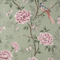 a wallpaper with pink flowers and birds on it