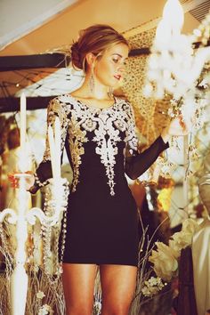 Vintage Inspired Embroidered Black Dress w/ white lace & silver appliques. Gold Holiday Dress, Black Embroidered Dress, Gorgeous Prom Dresses, Dress Chiffon, Baroque Fashion, Puffed Sleeves Dress