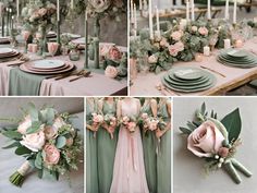 a collage of photos with flowers, candles and napkins on the table at a wedding