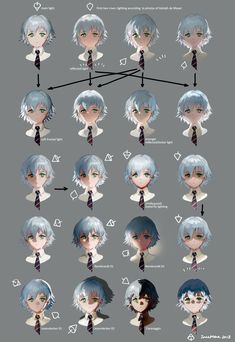 an anime character's hair and tie is shown in various poses, with different expressions