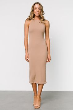 Ashley Ribbed Tank Dress | Tan - Baltic Born Beige Stretch Bodycon Dress, Knee-length, Brown Ribbed Bodycon Dress, Stretch Beige Sheath Bodycon Dress, Beige Stretch Sheath Bodycon Dress, Brown Ribbed Stretch Midi Dress, Brown Stretch Ribbed Midi Dress, Chic Brown Ribbed Midi Dress, Beige Ribbed Knee-length Bodycon Dress, Fitted Ribbed Brown Dress