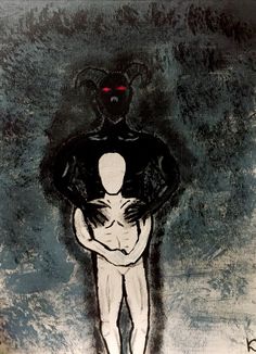 a drawing of a man holding a woman in his arms with red light coming from behind him