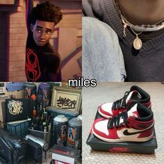 a collage of photos with the same person wearing sneakers and other items in front of them