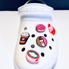 Dunkin Donuts Crocs Shoe Charms Set Of 5 Super Cute Coffee Charms! Ships Fast! Heat Diamond Charms Sold Separately! Crocs Shoe, Cute Coffee, Diamond Charm, Crocs Shoes, Charm Set, Shoe Charms, Donuts, Pink White, Super Cute