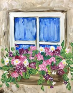 a painting of flowers on a window sill