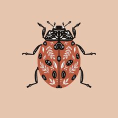 a red and black bug with leaves on it's back legs, sitting on a pink background