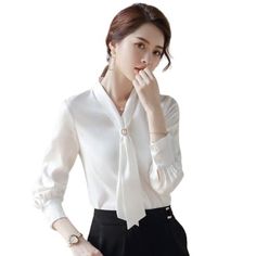 Long Sleeve White Shirt American Crepe with Tie Fashion Tops for Women Casual Korean Fashion, Female Blouse, Solid Color Outfits, White Shirts Women, Chiffon Fashion, Simple Blouse, White Long Sleeve Shirt, Top Shirt Women, Sleeves Clothing