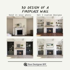 four different fireplaces and shelves in a living room with white walls, wood flooring and