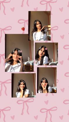 four pictures of a woman in white shirt and pink bow on the wall with hearts