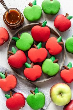 apple cookies are arranged in the shape of hearts and apples