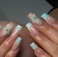 White Acrylic Nails With Green Design, Green Acrylic Nails With Flowers, Green Nails Acrylic Butterfly, Green Acrylic Nails With 3d Flowers, Green Nails 3d Flower, Natural Acrylic Nails, Girly Acrylic Nails, Almond Acrylic Nails, Summery Nails