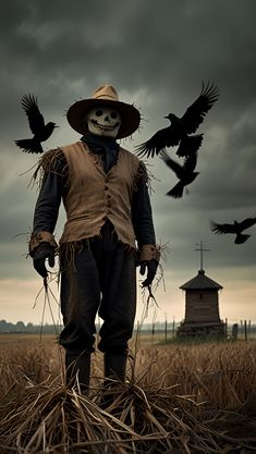 a scarecrow standing in the middle of a field with two crows flying above him