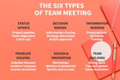 the six types of team meeting infographical on a pink background with white writing