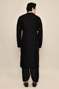 Black kurta featuring poker motif hand embroidery in the front and sleeves. Paired with a solid black salwar. - Aza Fashions Traditional Fitted Kurta With Button Cuffs, Black Sherwani With Resham Embroidery, Traditional Black Straight Kurta Sherwani, Black Long Sleeve Sherwani With Resham Embroidery, Black Embroidered Sherwani Straight Kurta, Black Semi-stitched Bollywood Sherwani, Raw Silk, Solid Black, Poker