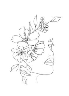 a line drawing of a woman's face with flowers in her hair on a pink background